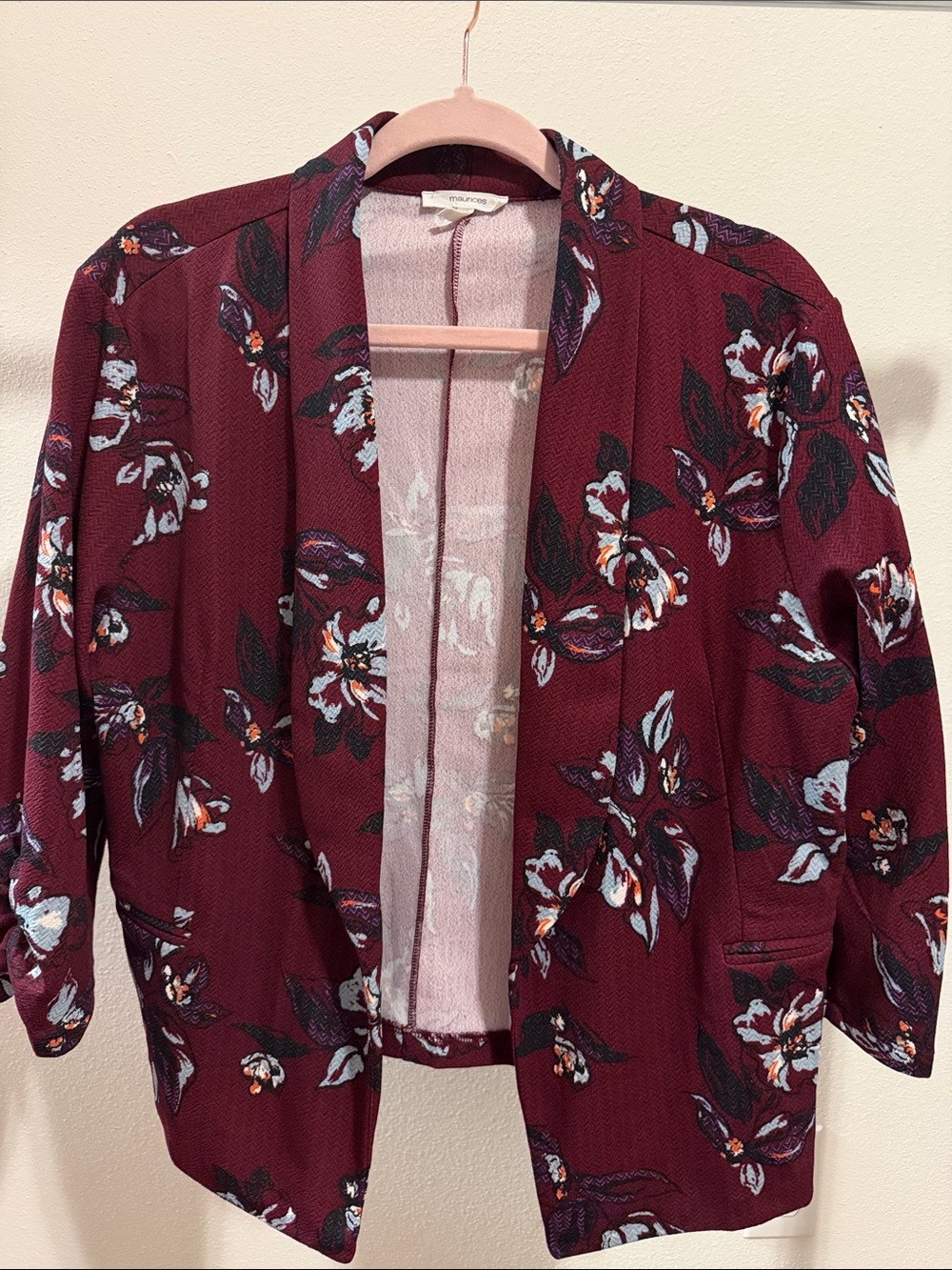 Maurices XXL Floral Open Blazer in Wine Burgundy
